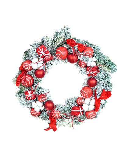 Red & White Swirl Artificial Bushy Christmas Wreath For Wall Door & Tree | 18 inches