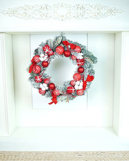 Red & White Swirl Artificial Bushy Christmas Wreath For Wall Door & Tree | 18 inches