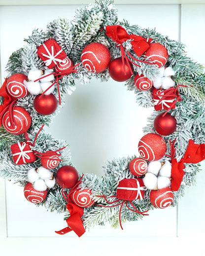 Red & White Swirl Artificial Bushy Christmas Wreath For Wall Door & Tree | 18 inches