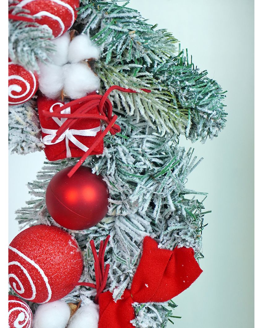 Red & White Swirl Artificial Bushy Christmas Wreath For Wall Door & Tree | 18 inches