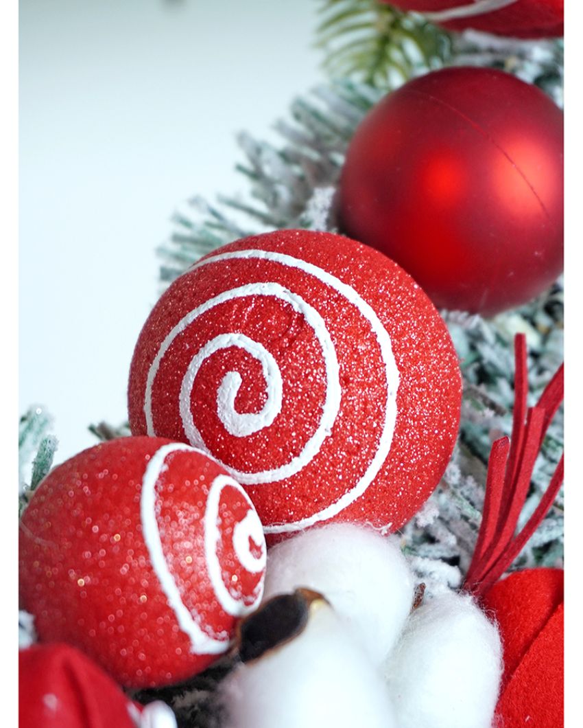 Red & White Swirl Artificial Bushy Christmas Wreath For Wall Door & Tree | 18 inches