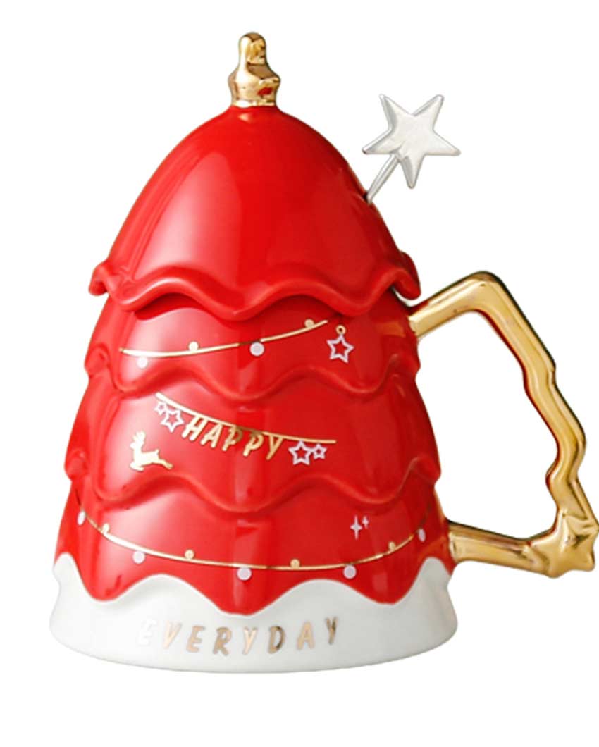 Joyful Christmas Ceramic Tree Mug with Lid and Spoon | 330 ML | 7 x 9 inches