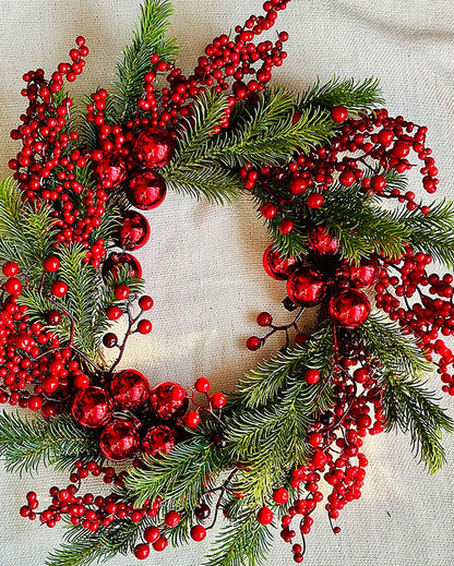 Vibrant Red Berries & Balls Artificial Wreath | 18 x 15 x 7 inches