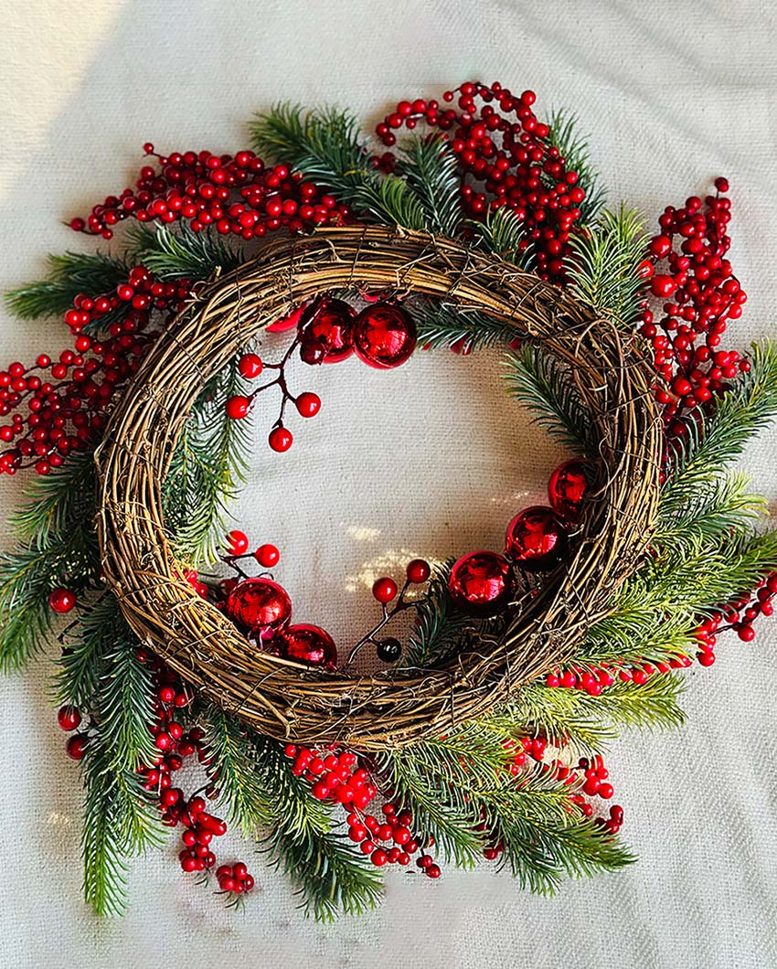 Vibrant Red Berries & Balls Artificial Wreath | 18 x 15 x 7 inches