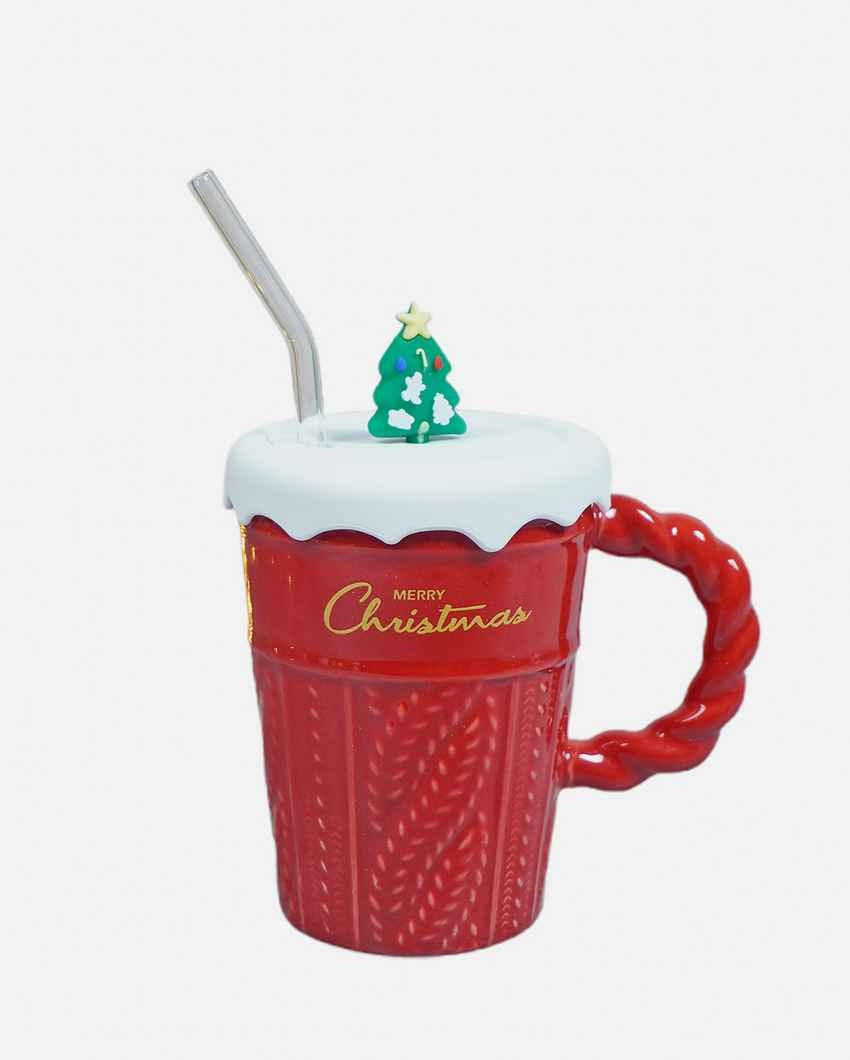 Red Self Knit Ceramic Mug Christmas Coffee Mug with 3D Tree Lid | 5 x 4 x 6 inches