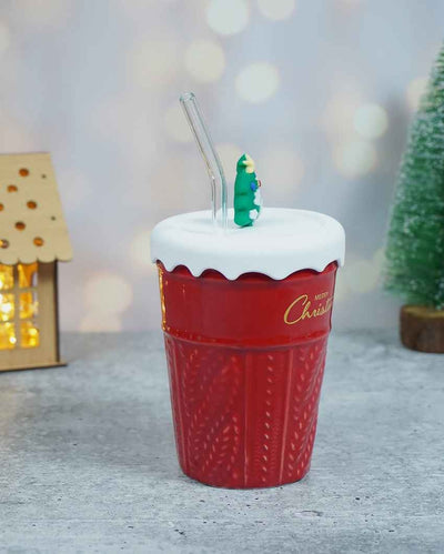 Red Self Knit Ceramic Mug Christmas Coffee Mug with 3D Tree Lid | 5 x 4 x 6 inches