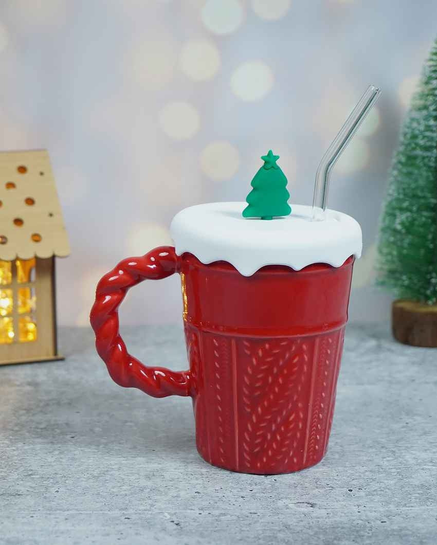 Red Self Knit Ceramic Mug Christmas Coffee Mug with 3D Tree Lid | 5 x 4 x 6 inches