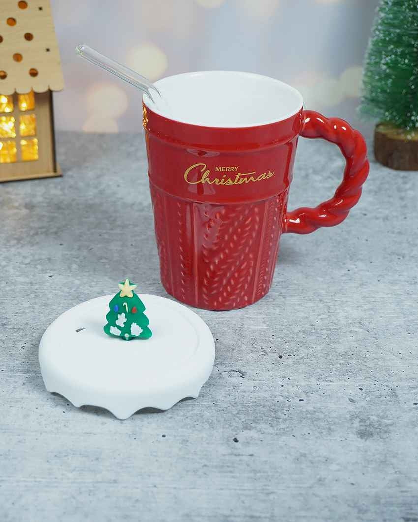 Red Self Knit Ceramic Mug Christmas Coffee Mug with 3D Tree Lid | 5 x 4 x 6 inches