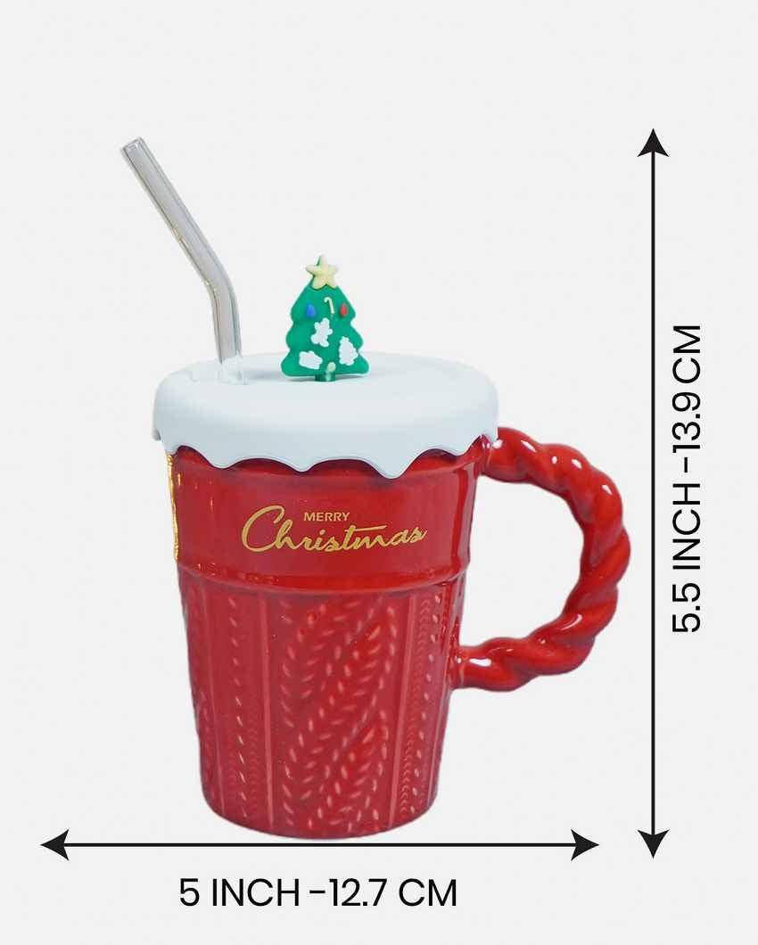 Red Self Knit Ceramic Mug Christmas Coffee Mug with 3D Tree Lid | 5 x 4 x 6 inches