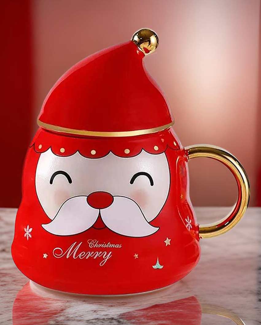 Fun Red Santa Face Ceramic Mug with Cap Lid and Spoon | 330 ML | 7 x 9 inches