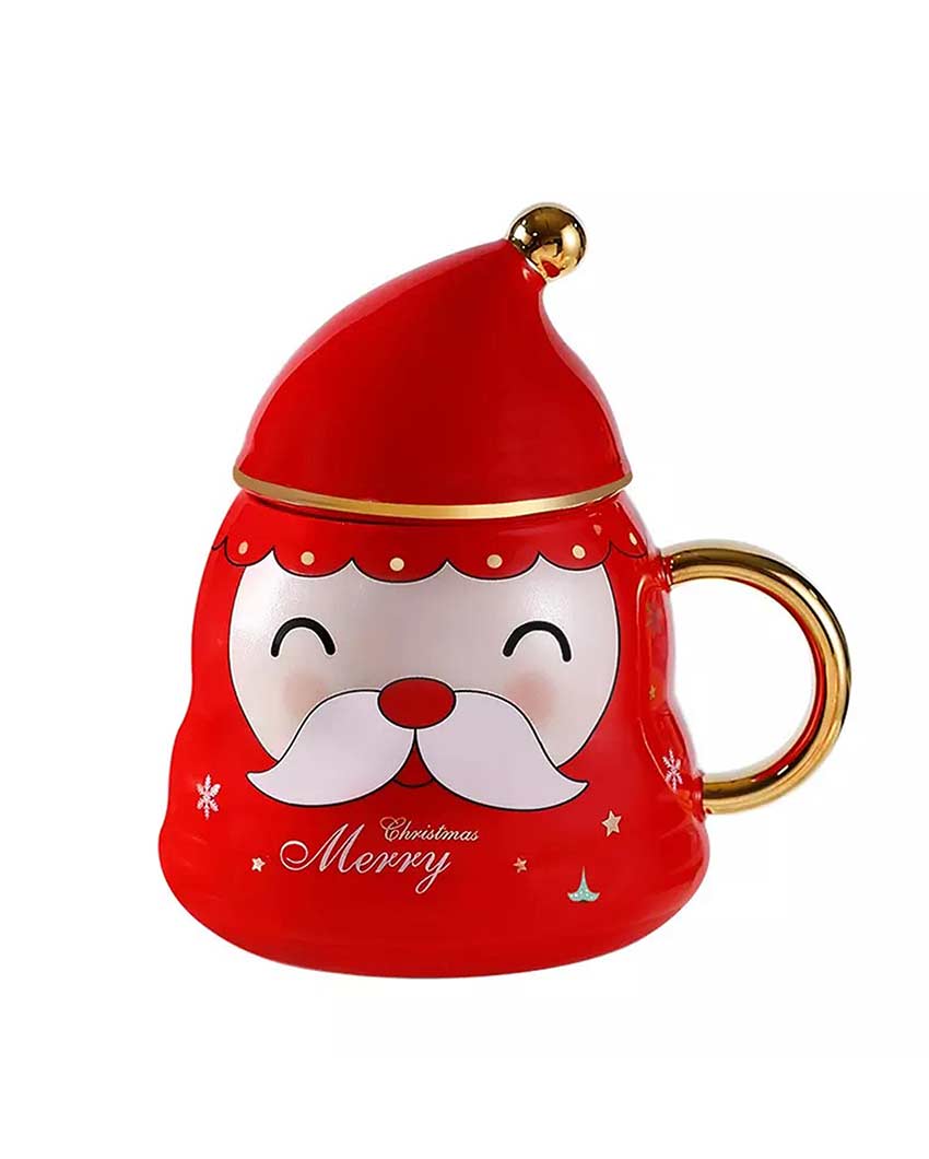 Fun Red Santa Face Ceramic Mug with Cap Lid and Spoon | 330 ML | 7 x 9 inches