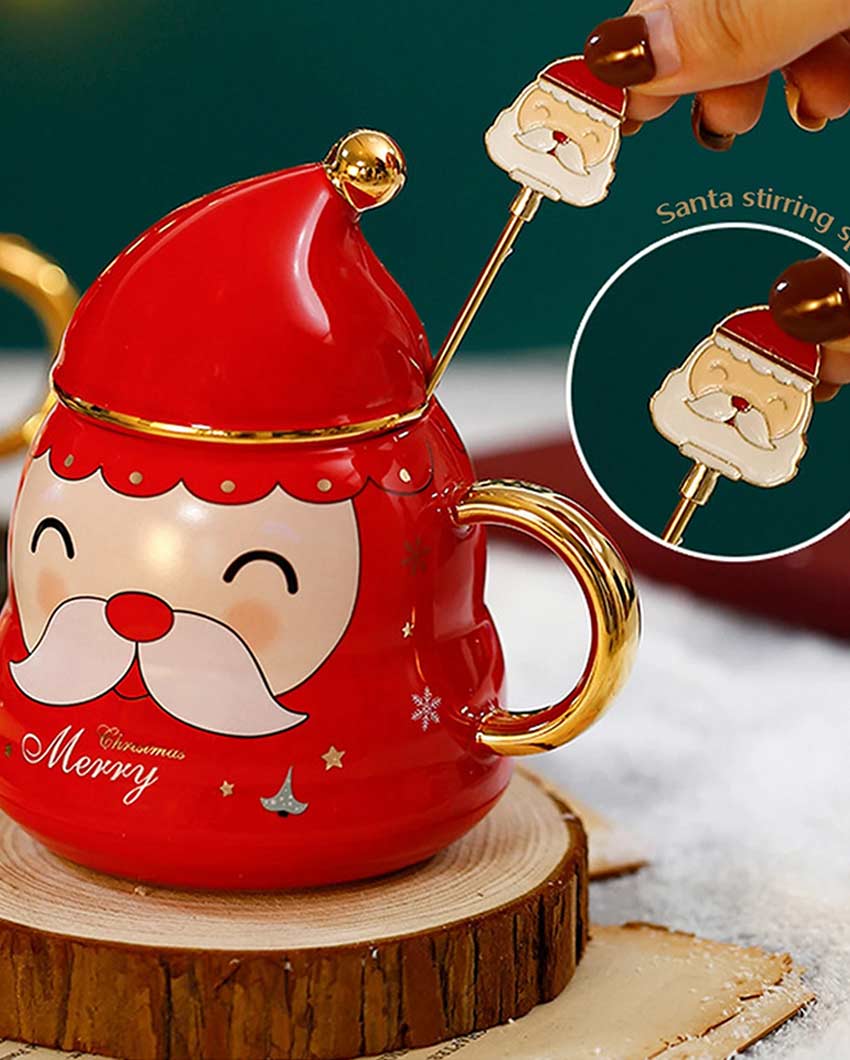 Fun Red Santa Face Ceramic Mug with Cap Lid and Spoon | 330 ML | 7 x 9 inches