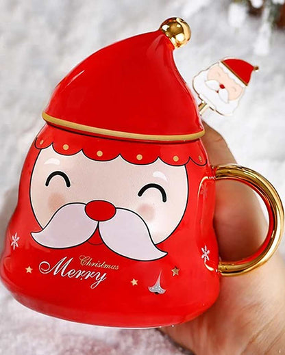 Fun Red Santa Face Ceramic Mug with Cap Lid and Spoon | 330 ML | 7 x 9 inches