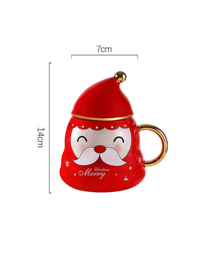 Fun Red Santa Face Ceramic Mug with Cap Lid and Spoon | 330 ML | 7 x 9 inches