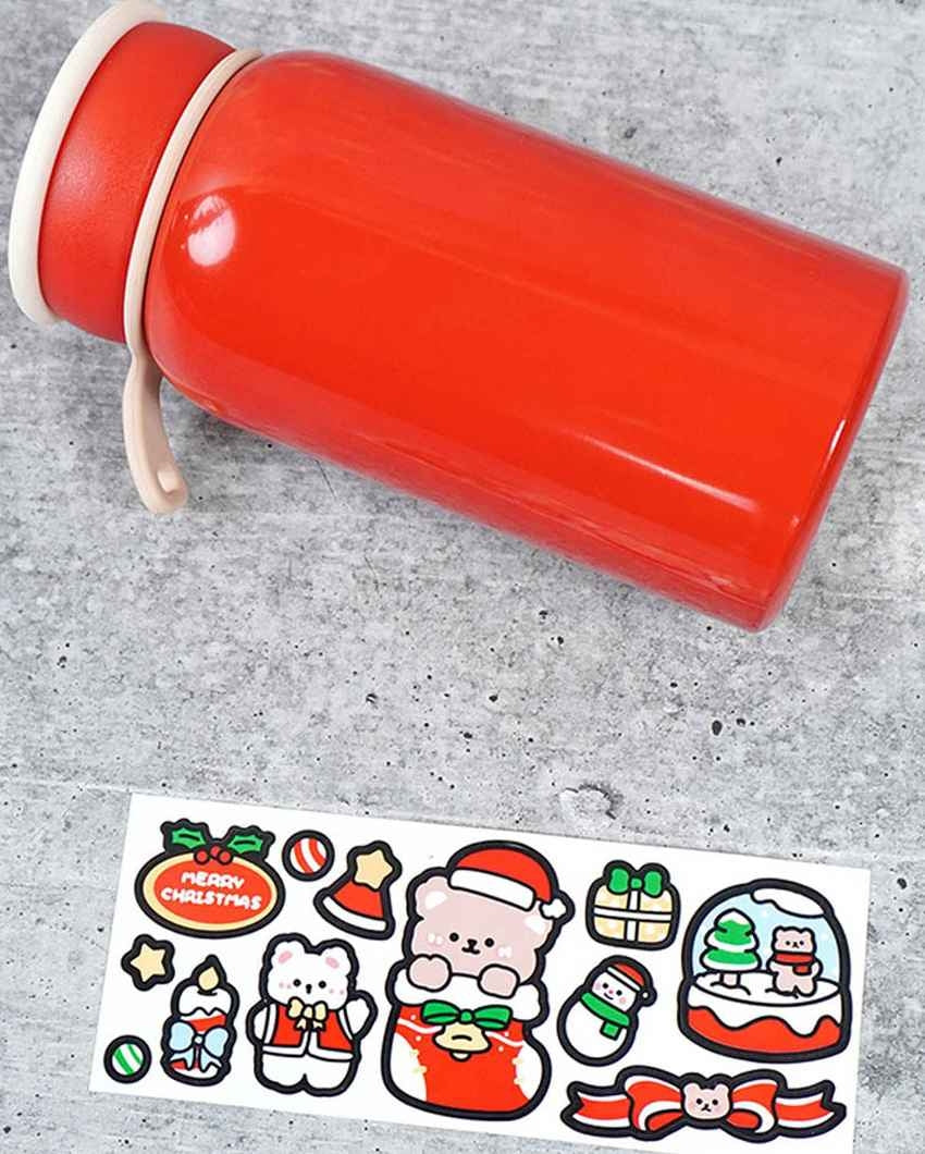 Red Christmas Sticker Stainless Steel Thermos Bottle With Strainer Filter | 3 x 7 inches | 400 ml