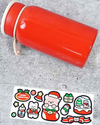 Red Christmas Sticker Stainless Steel Thermos Bottle With Strainer Filter | 3 x 7 inches | 400 ml