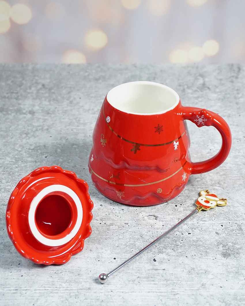 Red Tinsel Ceramic Mug Christmas Coffee Mug with Reindeer Spoon Set | 6 x 5 x 6 inches