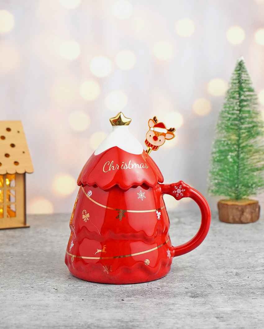 Red Tinsel Ceramic Mug Christmas Coffee Mug with Reindeer Spoon Set | 6 x 5 x 6 inches