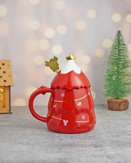 Red Tinsel Ceramic Mug Christmas Coffee Mug with Reindeer Spoon Set | 6 x 5 x 6 inches