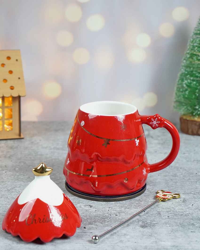 Red Tinsel Ceramic Mug Christmas Coffee Mug with Reindeer Spoon Set | 6 x 5 x 6 inches