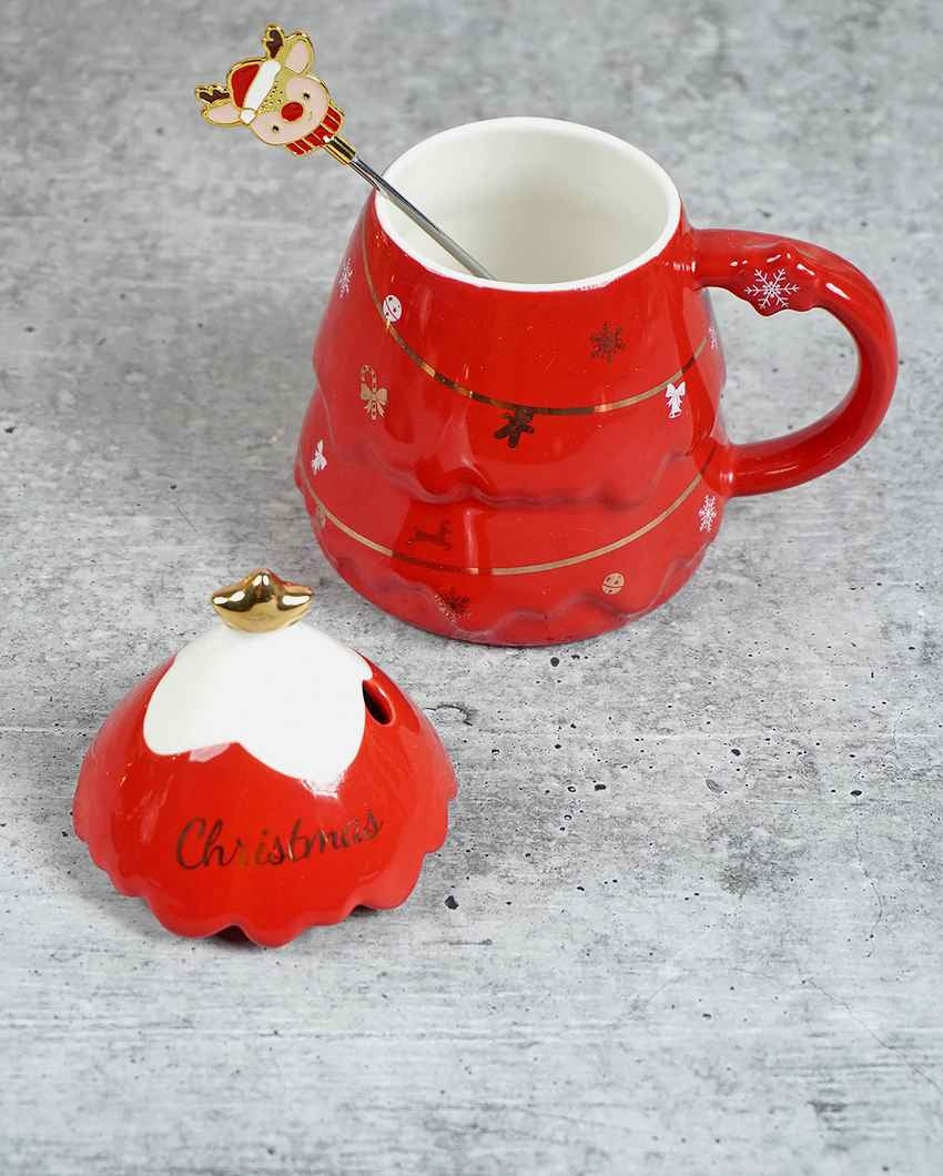 Red Tinsel Ceramic Mug Christmas Coffee Mug with Reindeer Spoon Set | 6 x 5 x 6 inches