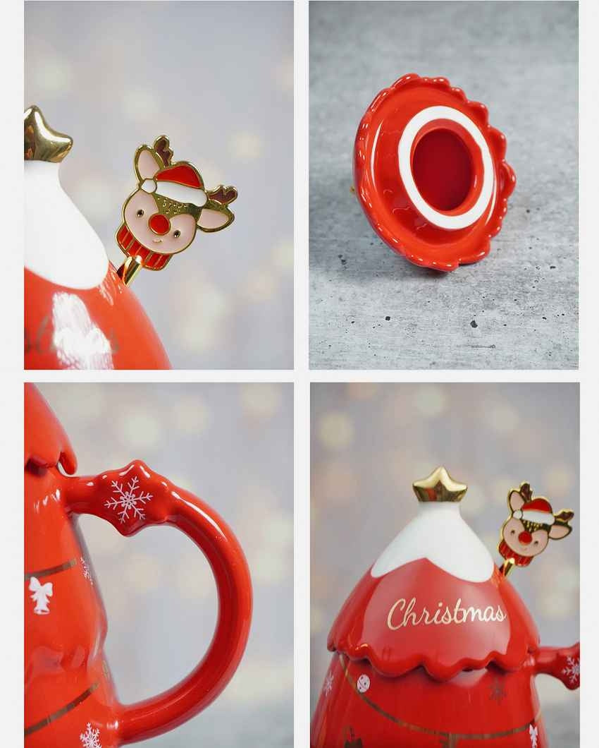 Red Tinsel Ceramic Mug Christmas Coffee Mug with Reindeer Spoon Set | 6 x 5 x 6 inches