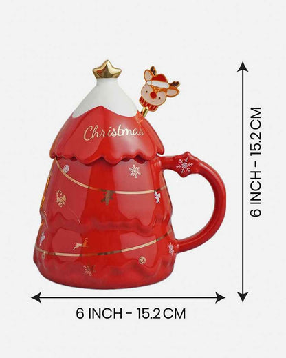 Red Tinsel Ceramic Mug Christmas Coffee Mug with Reindeer Spoon Set | 6 x 5 x 6 inches