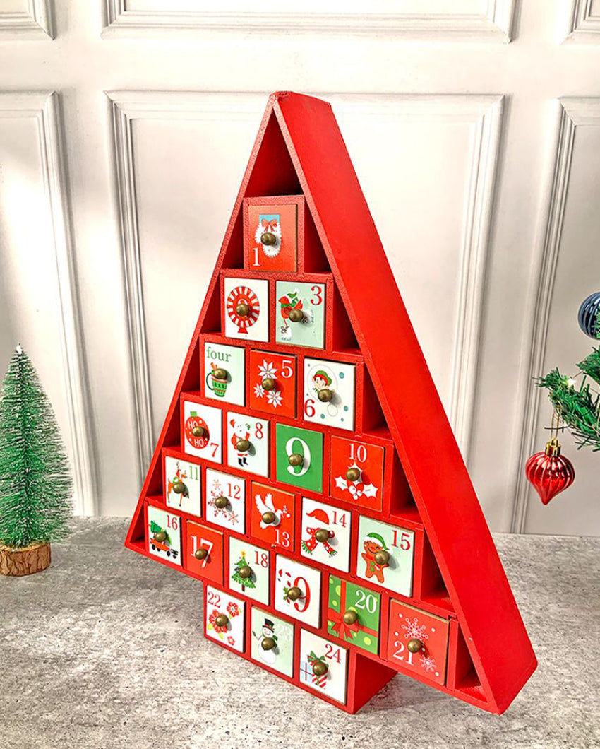 Wooden Red Tree Shape Advent Calendar For Christmas | 16 x 15 x 3 inches