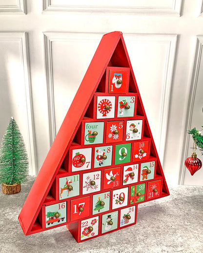 Wooden Red Tree Shape Advent Calendar For Christmas | 16 x 15 x 3 inches