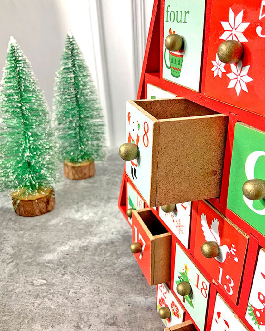 Wooden Red Tree Shape Advent Calendar For Christmas | 16 x 15 x 3 inches