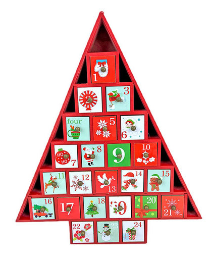 Wooden Red Tree Shape Advent Calendar For Christmas | 16 x 15 x 3 inches