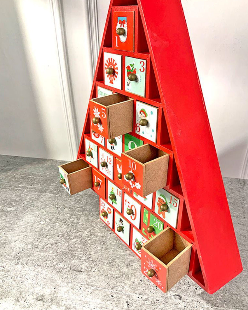 Wooden Red Tree Shape Advent Calendar For Christmas | 16 x 15 x 3 inches