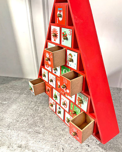 Wooden Red Tree Shape Advent Calendar For Christmas | 16 x 15 x 3 inches