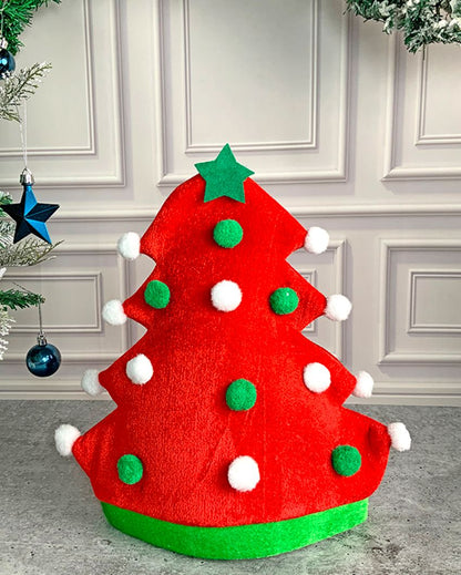 Pompom Tree Shaped Plush Velvet Christmas Party Hat | 12 x 14 inches