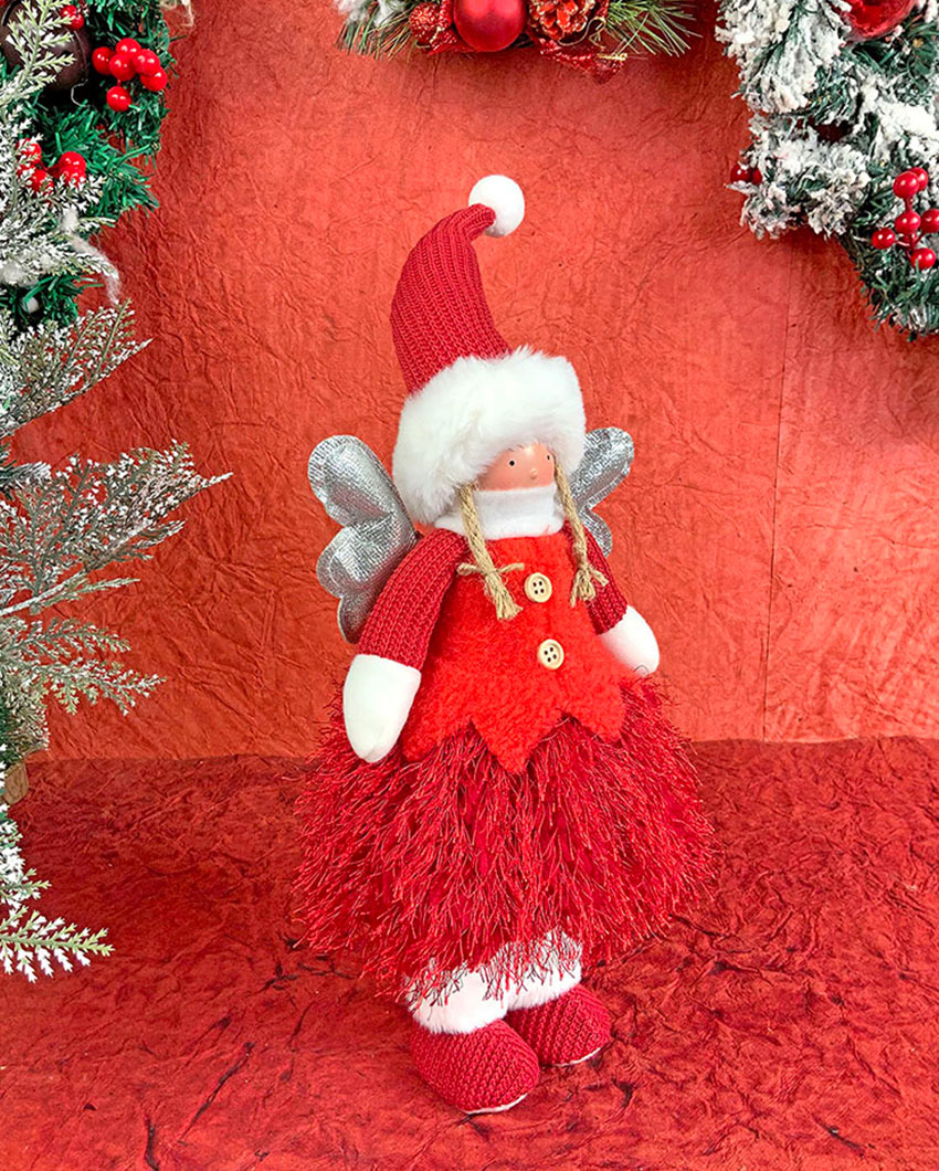 Red Skirt Angel With Glitter Silver Wings Christmas Décor | 12 x 12 x 16 inches