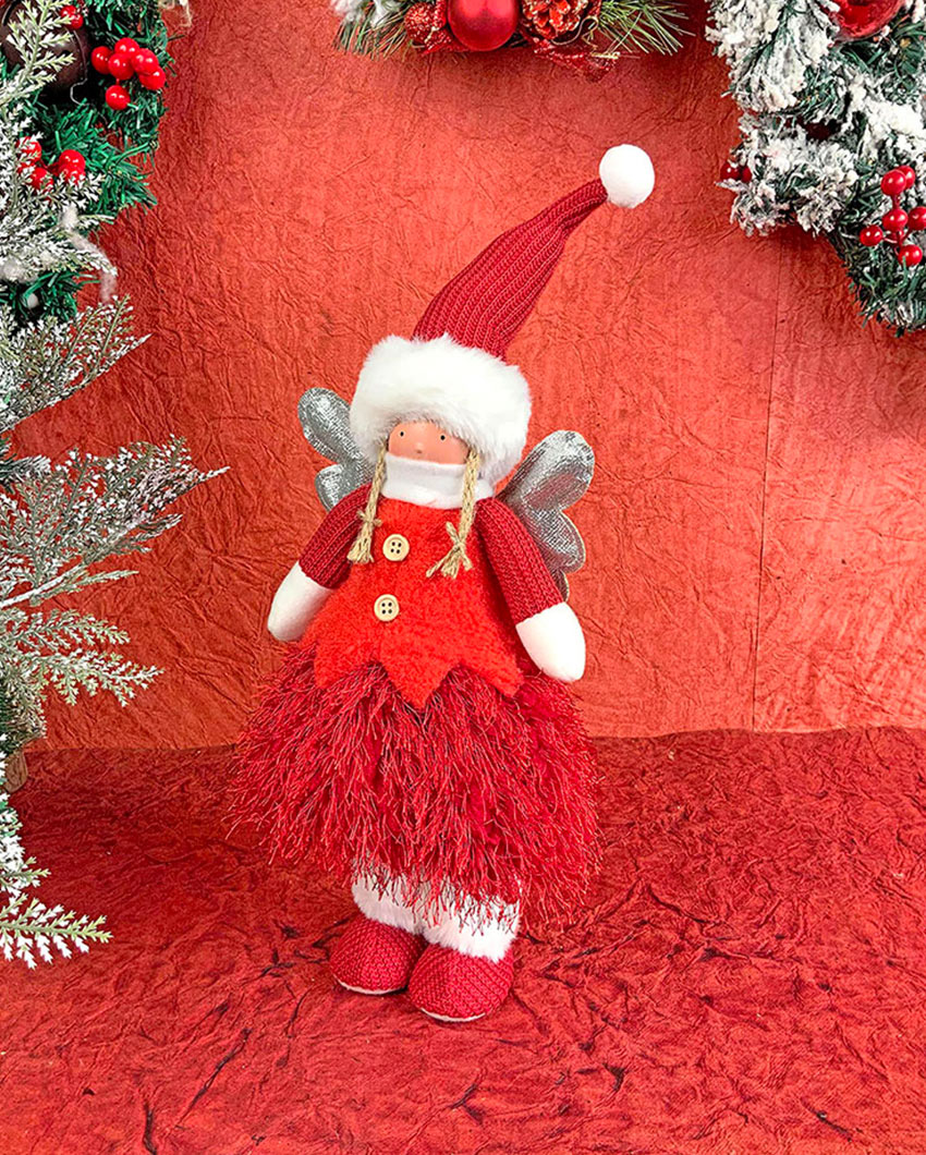 Red Skirt Angel With Glitter Silver Wings Christmas Décor | 12 x 12 x 16 inches