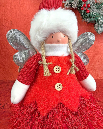 Red Skirt Angel With Glitter Silver Wings Christmas Décor | 12 x 12 x 16 inches