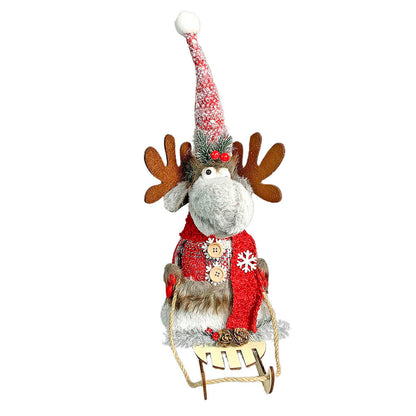 Grey & Red Deer On Snow Sledge Table Christmas Decoration | 8 x 17 inches