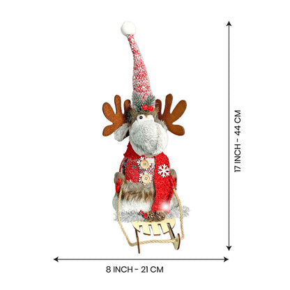 Grey & Red Deer On Snow Sledge Table Christmas Decoration | 8 x 17 inches