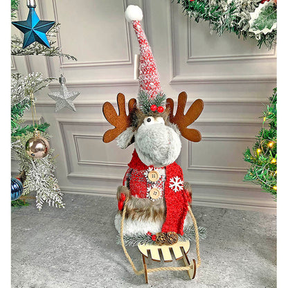 Grey & Red Deer On Snow Sledge Table Christmas Decoration | 8 x 17 inches