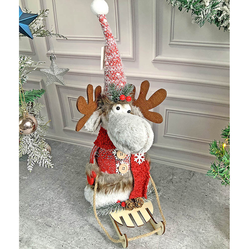 Grey & Red Deer On Snow Sledge Table Christmas Decoration | 8 x 17 inches