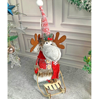 Grey & Red Deer On Snow Sledge Table Christmas Decoration | 8 x 17 inches