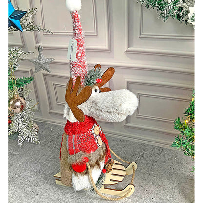 Grey & Red Deer On Snow Sledge Table Christmas Decoration | 8 x 17 inches