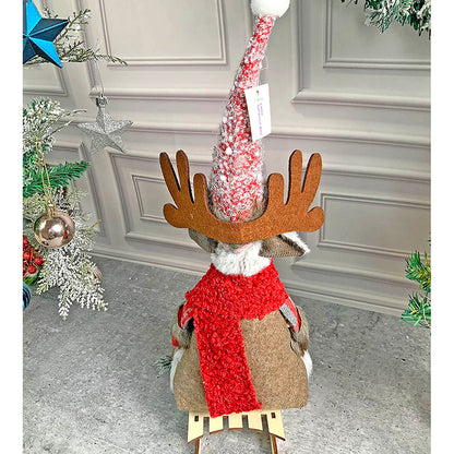 Grey & Red Deer On Snow Sledge Table Christmas Decoration | 8 x 17 inches