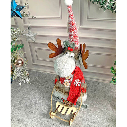 Grey & Red Deer On Snow Sledge Table Christmas Decoration | 8 x 17 inches