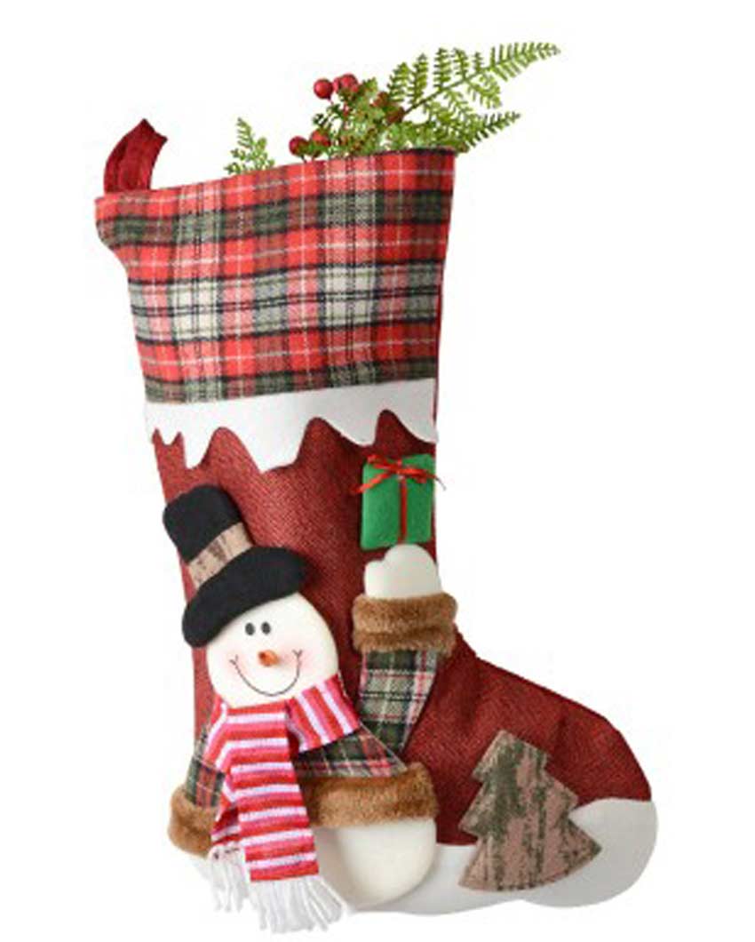 Joyful Red Snowfall Jute & Checks Snowman Table Decorative | 22 x 10 x 5 inches