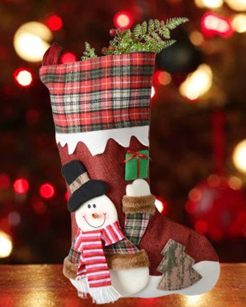 Joyful Red Snowfall Jute & Checks Snowman Table Decorative | 22 x 10 x 5 inches