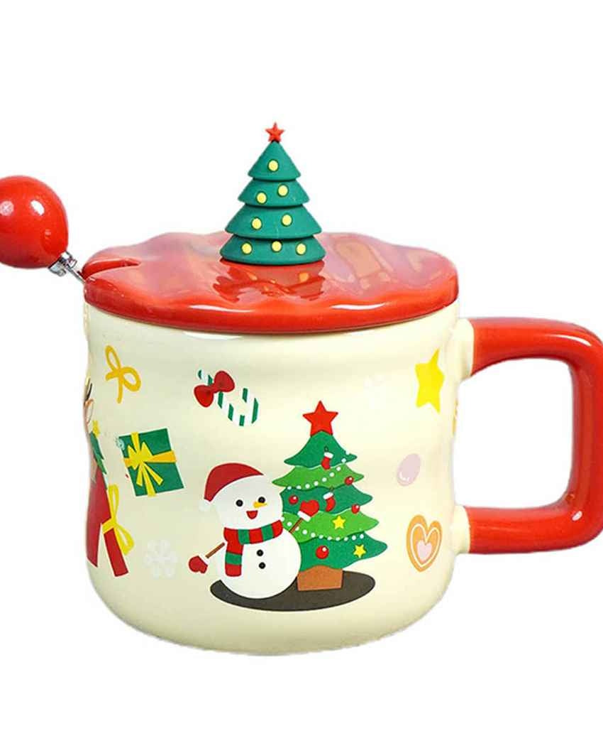 Snowman with Tree Ceramic Christmas Mug with Lid and Spoon Set | 4 x 5 inches