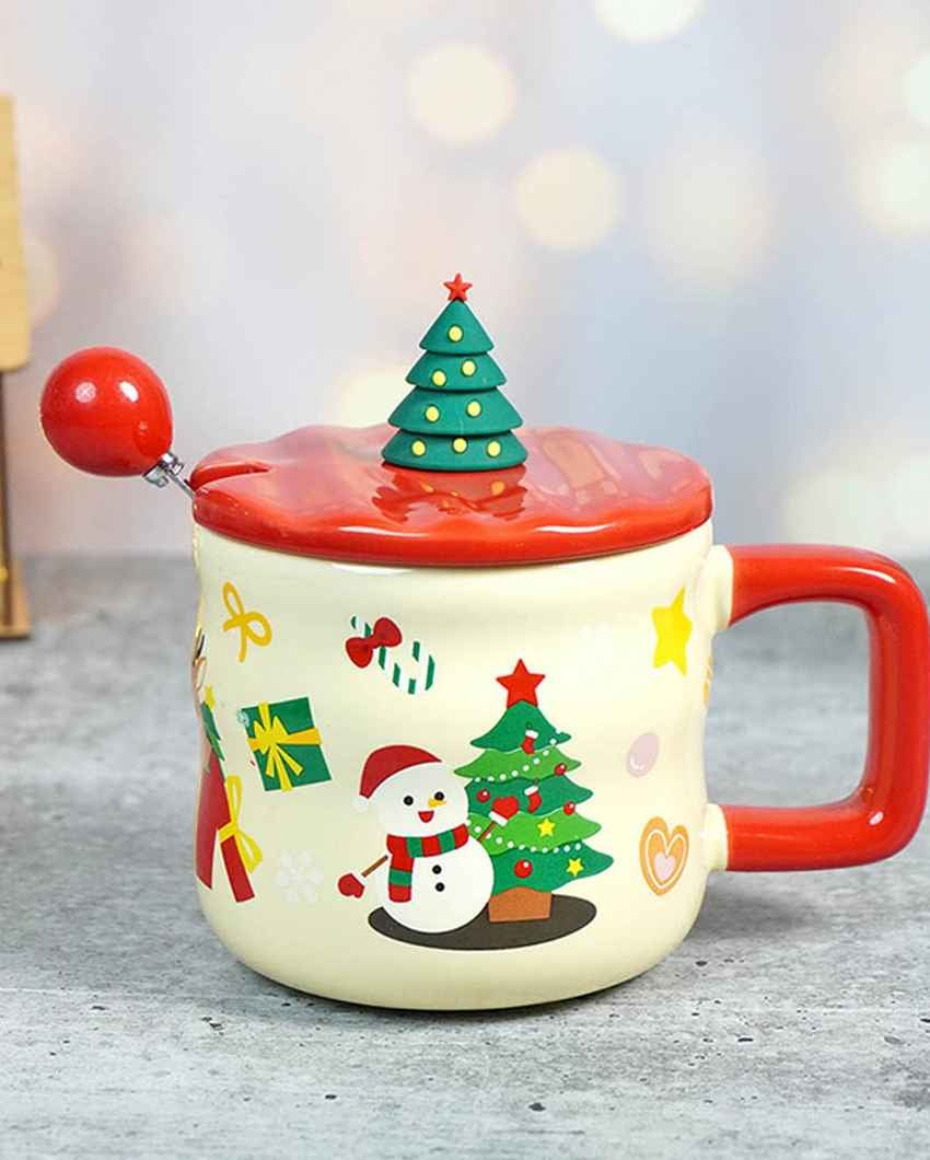 Snowman with Tree Ceramic Christmas Mug with Lid and Spoon Set | 4 x 5 inches