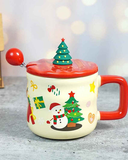 Snowman with Tree Ceramic Christmas Mug with Lid and Spoon Set | 4 x 5 inches